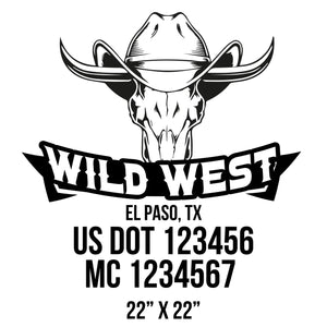 company name wild west , horns, hat, head and US DOT 