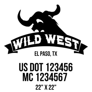 company name wild west , horns, head and US DOT 
