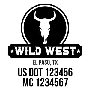 company name wild west , circle, bull, banner and US DOT 