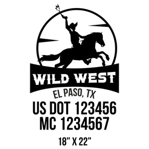 company name wild west, circle, banner , horse and US DOT