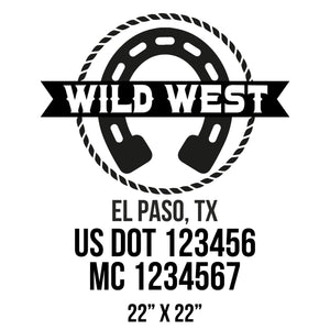 company name wild west, circle, rope, horseshoe and US DOT
