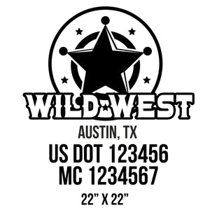 company name wild west , circle, stars and US DOT 