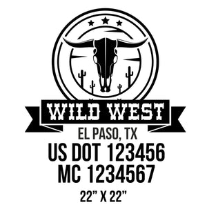 company name wild west , circle, bull, stars and US DOT 
