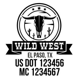 company name wild west , circle, bull, stars and US DOT 