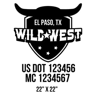 company name wild west with horns, stars , form and US DOT