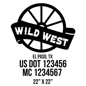 company name wild west wheel, ribbon and US DOT