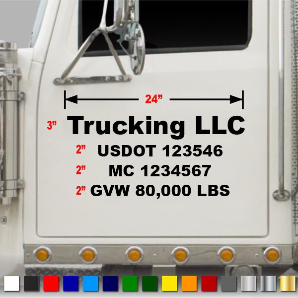 Trucking Name with USDOT, MC & GWV Lettering Sticker Decal (Set of 2)
