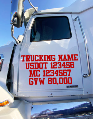 trucking name with usdot mc gwv decal lettering