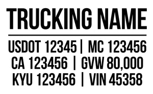 trucking name with usdot mc ca gvw kyu vin lettering decal