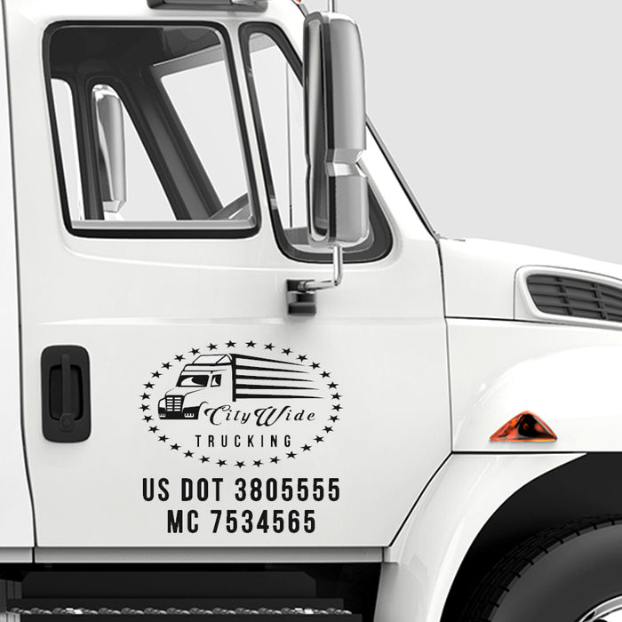 Trucking Logo with USDOT & MC Lines Number Decal Sticker Lettering (Set of 2)