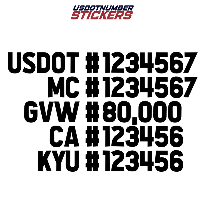 US DOT, MC, GVW, CA & KYU Number Decal Sticker (Set of 2)