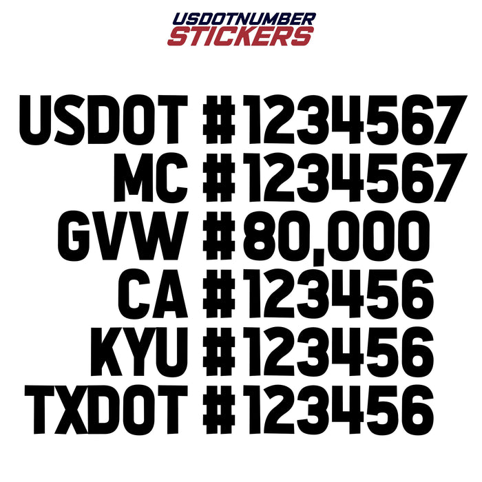 US DOT, MC, GVW, CA, KYU & TXDOT Number Decal Sticker (Set of 2)