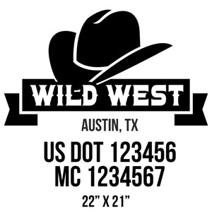 company name wild west with ribbon, hat and US DOT 