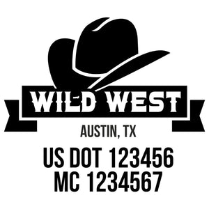 company name wild west with ribbon, hat and US DOT 