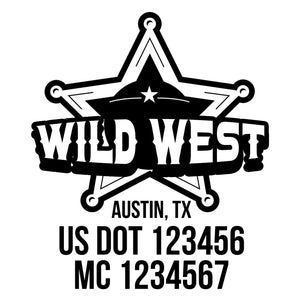 company name wild west with ribbon, star and US DOT 