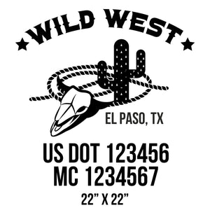 company name wild west , cactus, rope and US DOT 