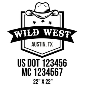 company name wild west with ribbon, hat, stars and US DOT 