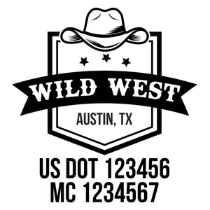 company name wild west with ribbon, hat, stars and US DOT 